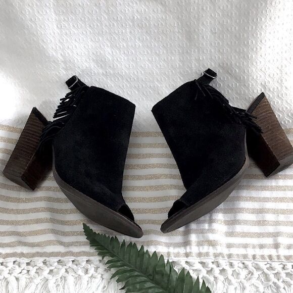 Lucky Brand LANTAU Black Fringe Suede Boho Chic Block Heel Ankle Bootie Sandals - Picture 6 of 15